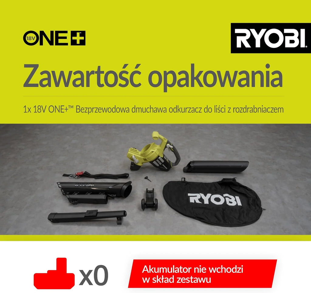 Ryobi Bezszczotkowa Dmuchawa Odkurzacz 18 V, OVB18, Model bez Akumulatora i Ładowarki