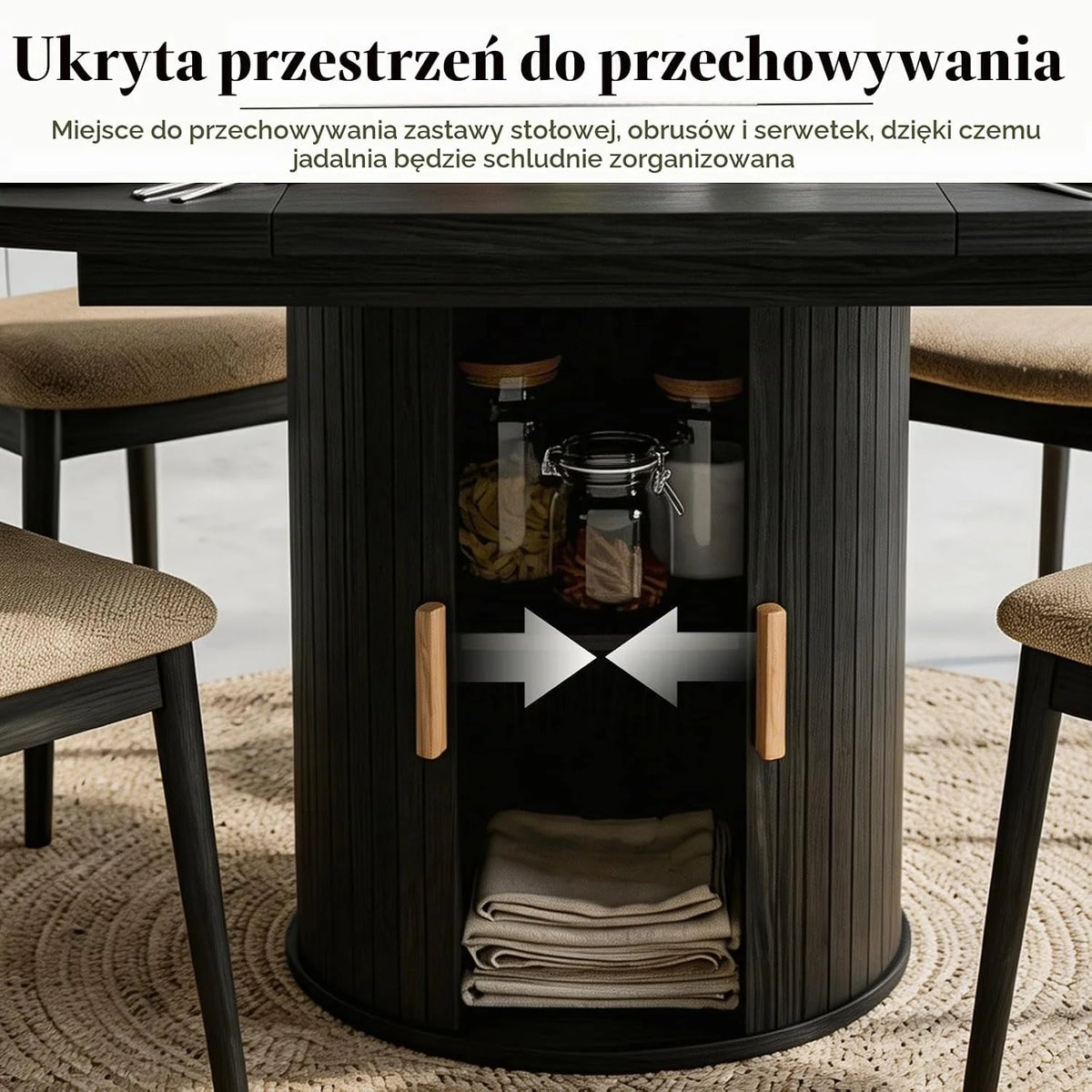 Wysuwany stół do jadalni, okrągły stół obiadowy z miejscem do przechowywania