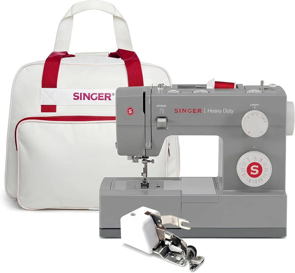 Singer maszyna do szycia Heavy Duty 4432 z torbą i stópką overlock CUCIREONLINE w kolorze szarym z metalu