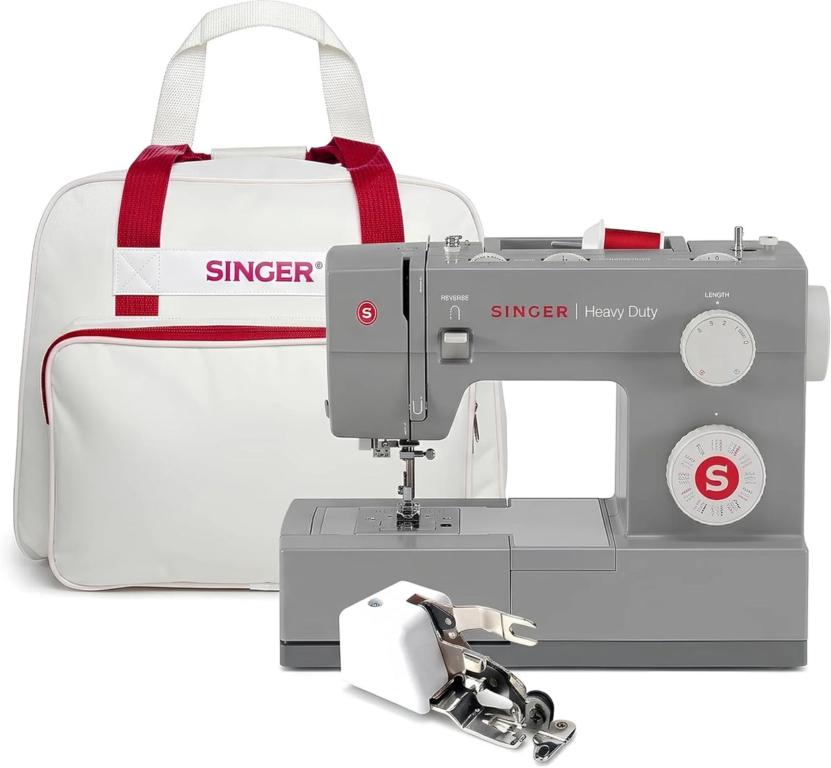 Singer maszyna do szycia Heavy Duty 4432 z torbą i stópką overlock CUCIREONLINE w kolorze szarym z metalu