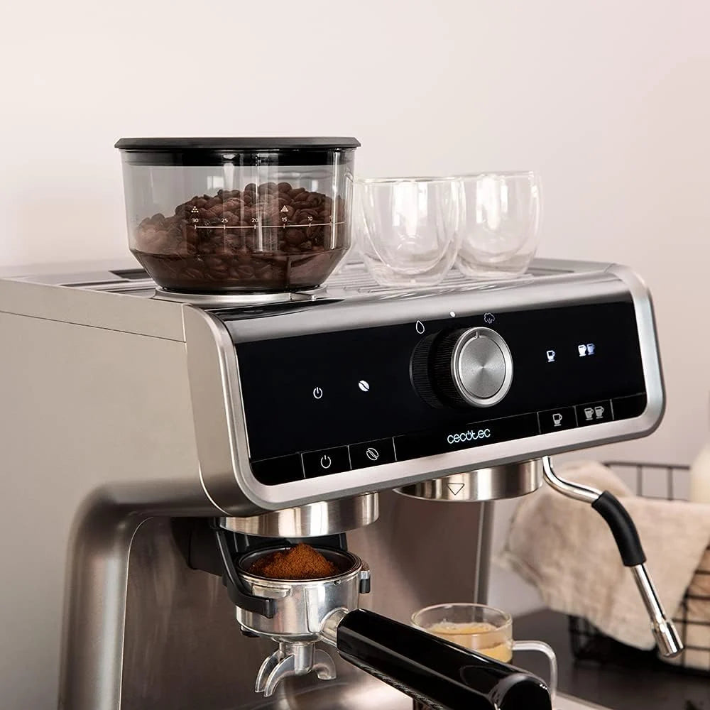 Cecotec Ekspres do kawy z podwójnym wyjściem Power Espresso 20 Barista Cream. 1550 W, 20 prętów, zbiornik na ziarna kawy 250g, młynek z 30 poziomami mielenia, termoblok, zbiornik na wodę 2.5 L