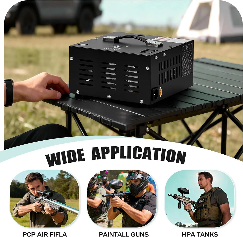 Sprężarka powietrza TUXING Pcp, 4500Psi 30Mpa, bezolejowa/wodna, zasilana samochodem 12 V DC lub domowym 220V AC z adapterem (w zestawie), pompa do wiatrówek i wiatrówek PCP (TXES061)