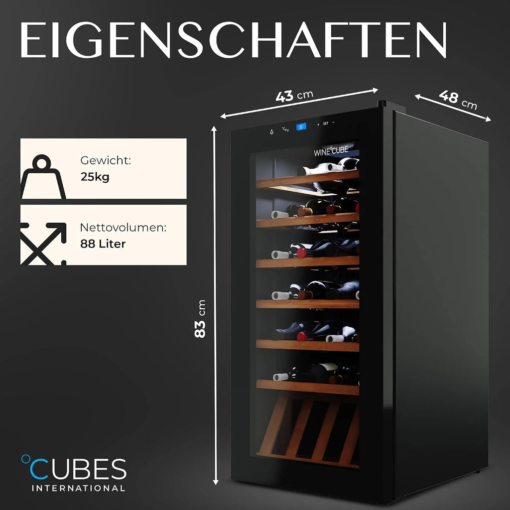 °CUBES Lodówka na wino, 28 butelek (90 l) z eleganckimi szklanymi drzwiami i wysokiej jakości półkami z drewna bukowego, 5-18°C, niski poziom wibracji i cicha (40 dB) | szafka na wino z wyświetlaczem