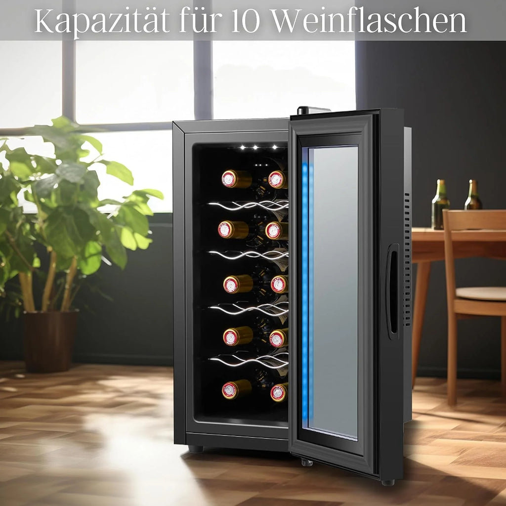 Echos Lodówka na wino, na 10 butelek, 28 l, oświetlenie LED, chłodziarka do wina, mini lodówka na wino, mini bar ze szklanymi drzwiczkami