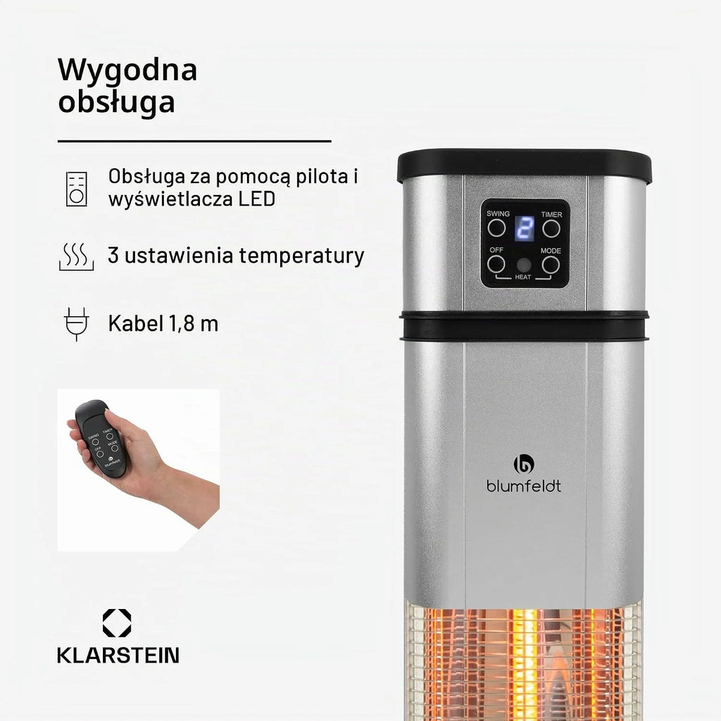 Klarstein Ogrzewanie na podczerwień, Promiennik do wnętrz, Ogrzewanie na podczerwień wolnostojące, Bezpieczny grzejnik z oscylacją, Energooszczędne ogrzewanie z IP44, Promiennik tarasowy, 2000 W