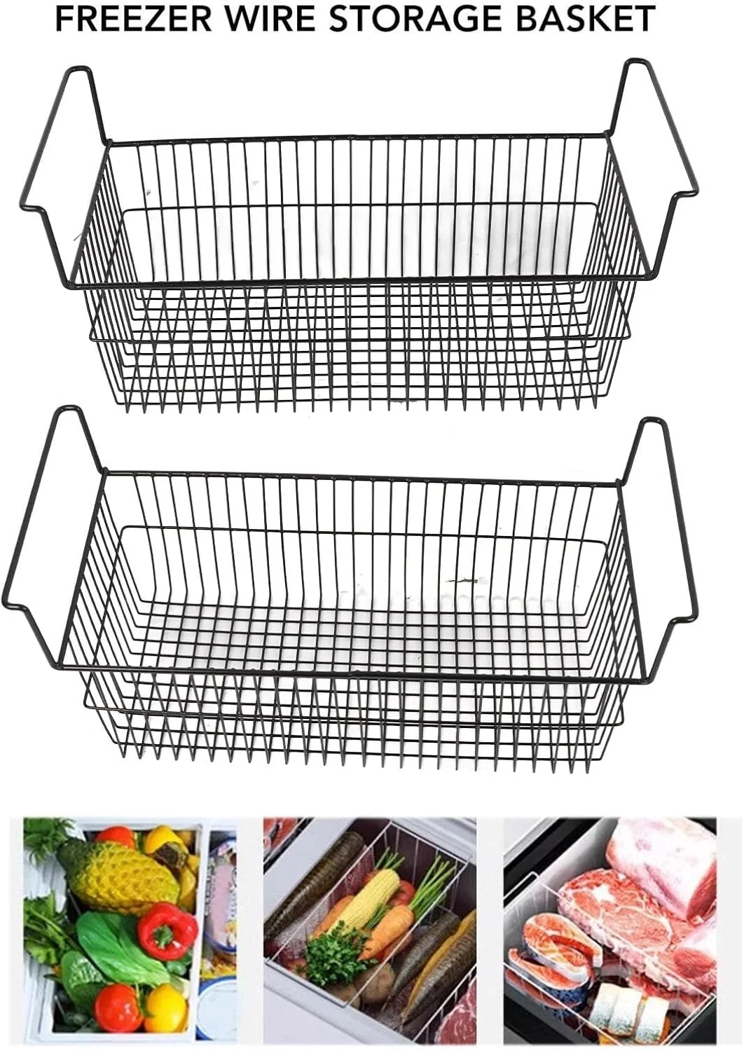 Organizer do zamrażarki skrzyniowej, głęboki kosz, do układania w stos, metalowy drut, czarny, do kuchni, lodówki, spiżarni (dł. 63 cm x szer. 27 cm x wys. 29 cm, uchwyt 9 cm)