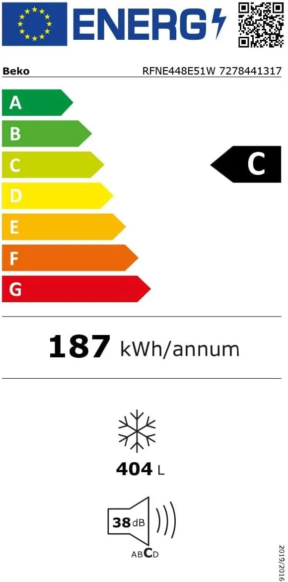 Beko RFNE448E55W zamrażarka, pojemność netto 404 l, No Frost, funkcja szybkiego zamrażania, wielofunkcyjny wyświetlacz, 6 szuflad zamrażarki + 2 przegródki, 36 dB (A), do użytku w pomieszczeniach