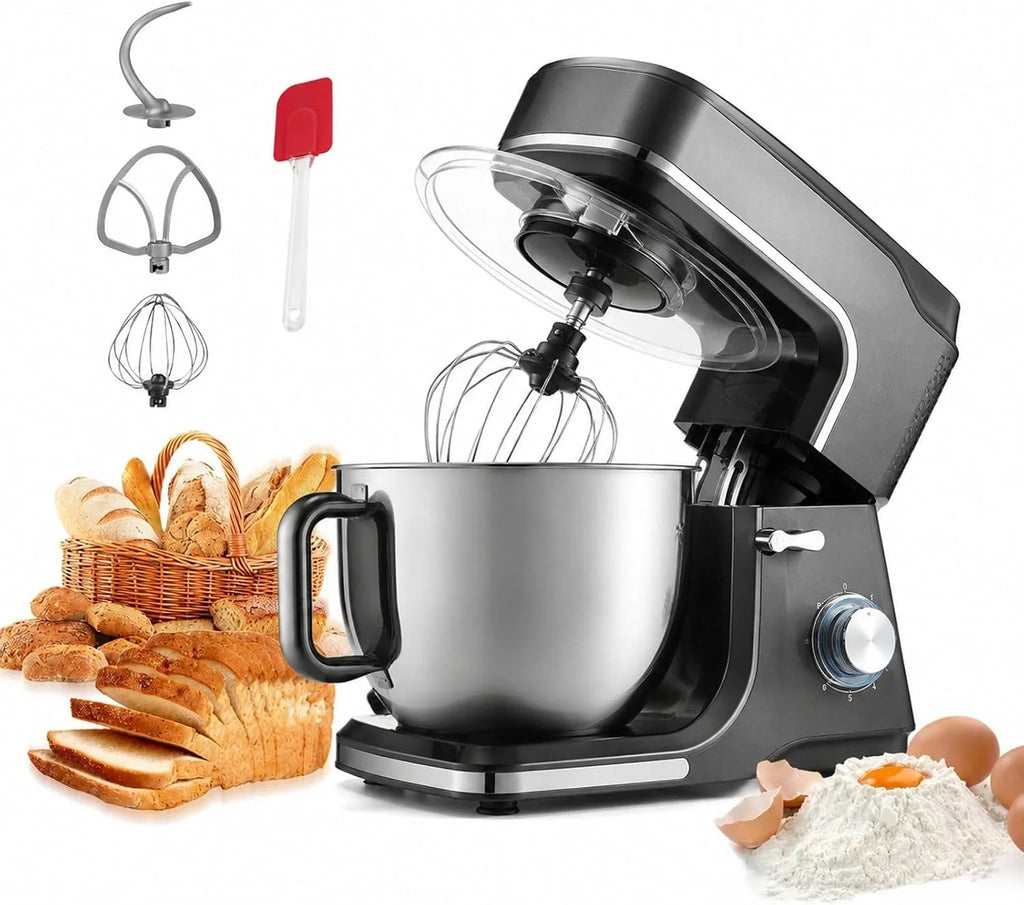 Mikser planetarny 1400 W, misa ze stali nierdzewnej 7,84 L, głowica uchylna, 6 biegów puls, hak, trzepaczka, skrobak, czarny