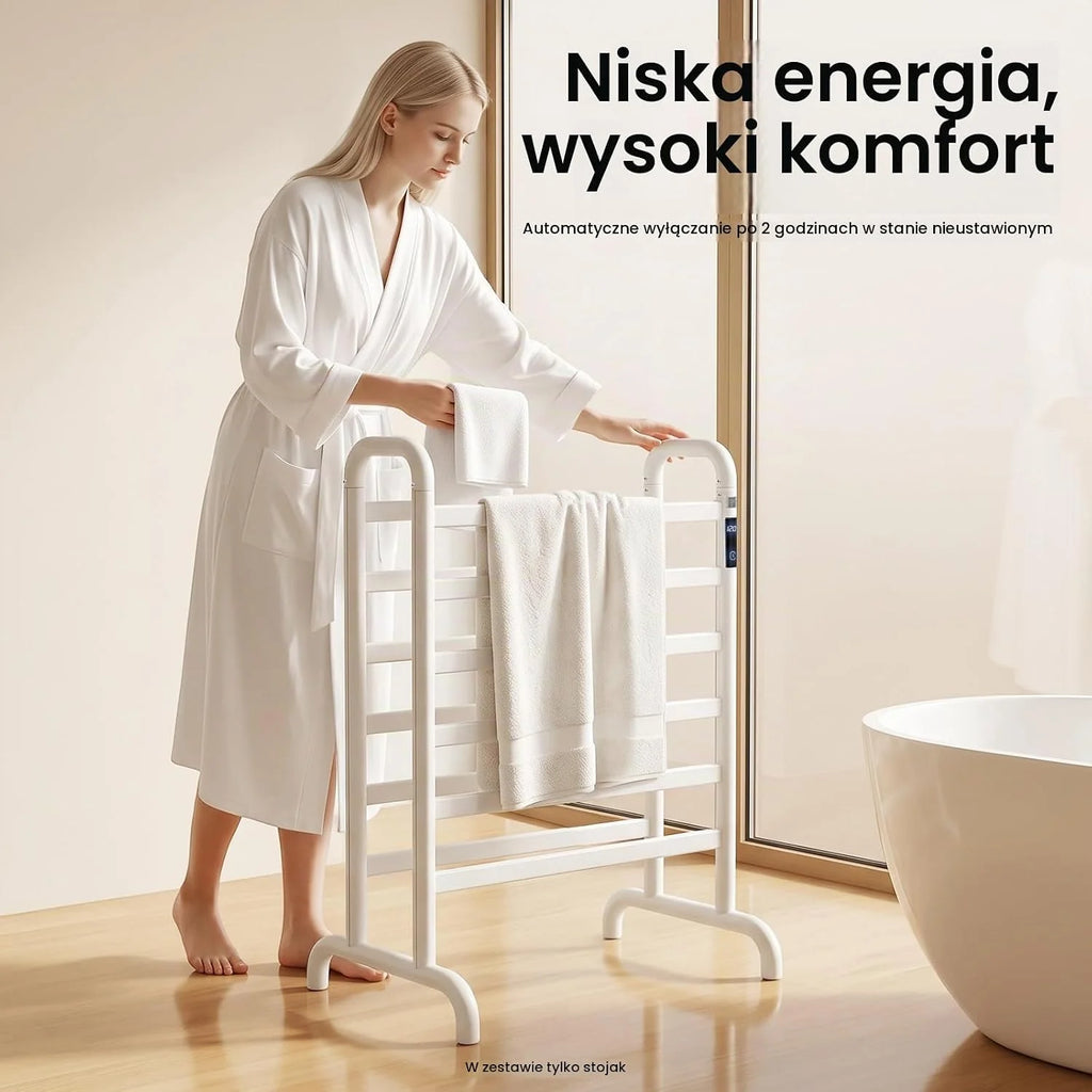 Elektryczny grzejnik na ręczniki, wieszak na ręczniki, bez wiercenia, timer 1-24 h, 45-60 °C, 180 W, biały, dwupoziomowy, wolnostojący ogrzewacz na ręczniki do łazienki do 30 kg, 60 x 43 x 90,5