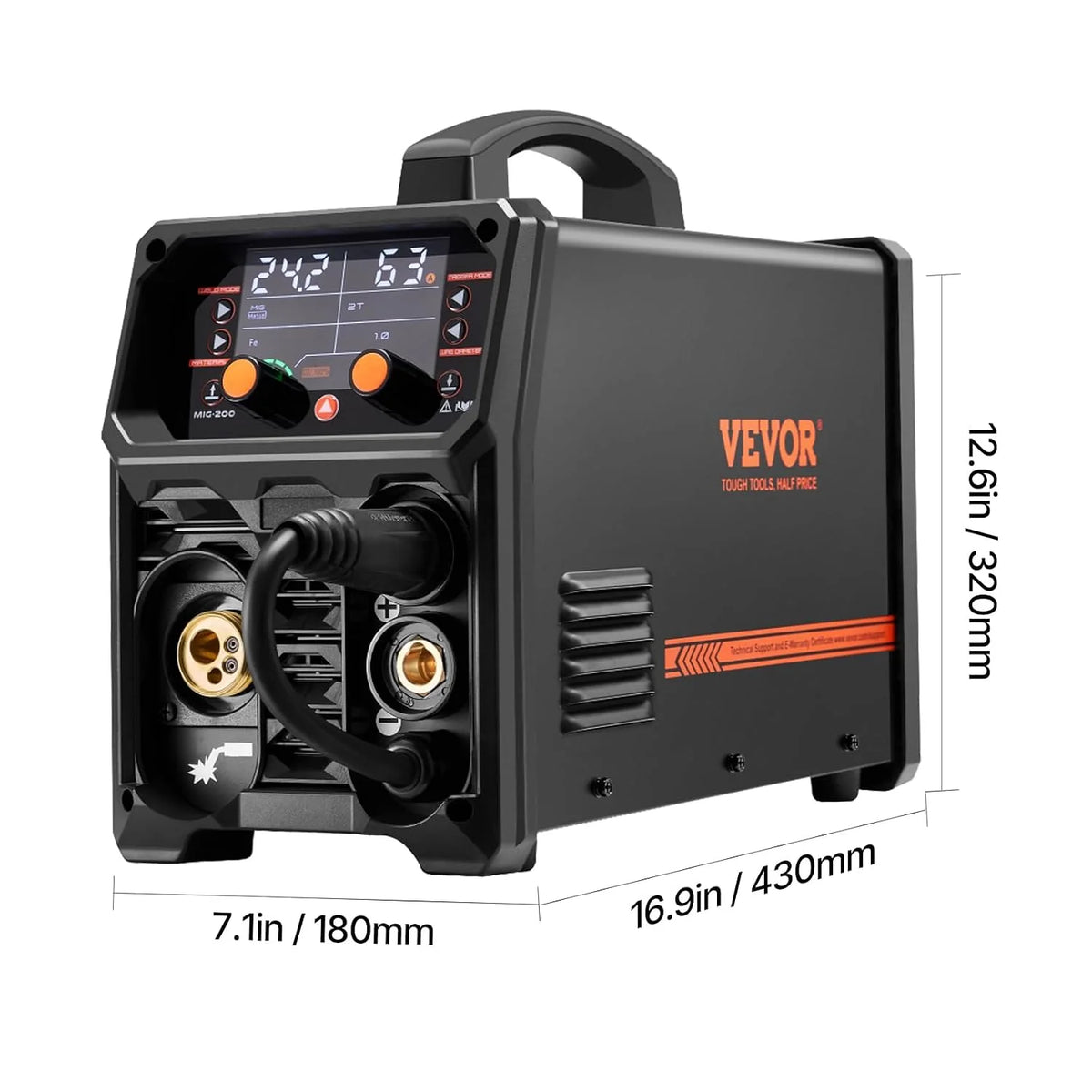 VEVOR Spawarka MIG, 200 A, spawarka synergiczna, przenośna spawarka wieloprocesowa MIG bezgazowa MMA Lift TIG 4 w 1, wydajny spawacz z technologią inwertera IGBT, wyświetlacz LCD