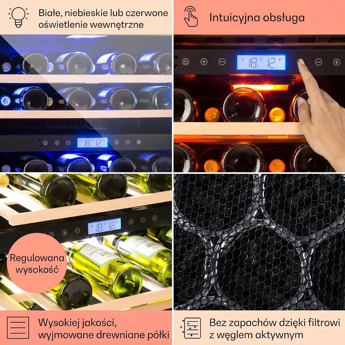 Klarstein Vinovilla chłodziarka do wina do zabudowy, dwustrefowa winiarka ze szklanymi drzwiami, 129 l, 4 wyjmowane drewniane półki, oświetlenie LED w 3 kolorach, cichy silnik 44 dB, 43 butelki