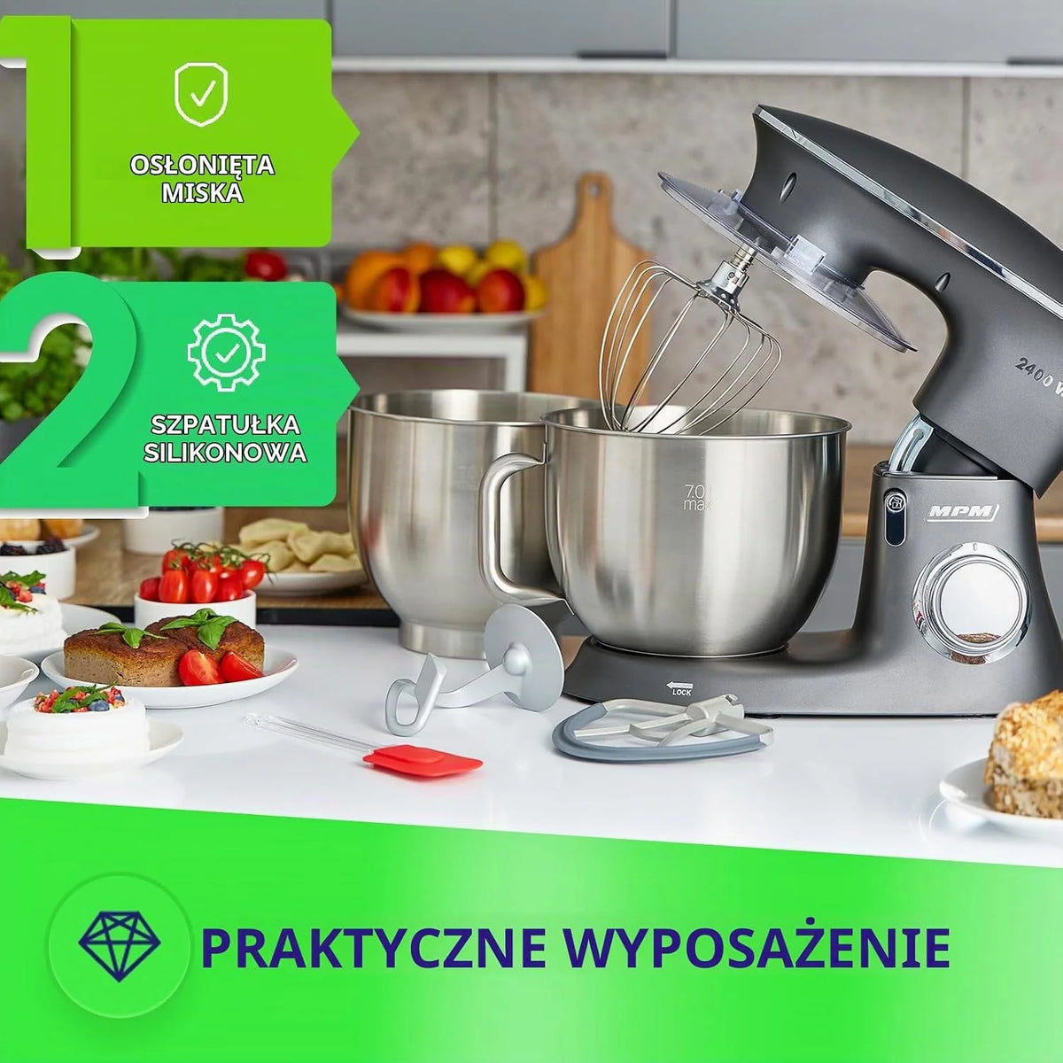 MPM Planetarny robot kuchenny MRK-23 – wielofunkcyjny mikser kuchenny 7 l – urządzenia kuchenne o wszechstronnym zastosowaniu, 2400 W, dwie miski, trzy wymienne trzepaczki