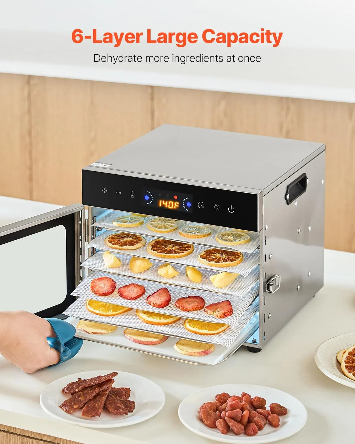 VEVOR Odwadniacz żywności 6 tacek ze stali nierdzewnej, elektryczna suszarka do żywności 400 W regulowana temperatura zegara, liofilizator do suszonego mięsa, owoców, warzyw, ziół