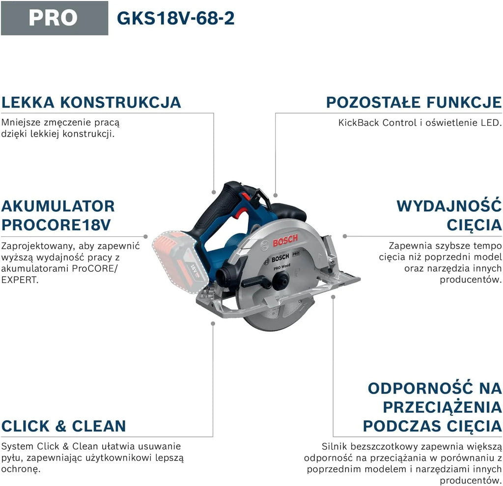 Bosch PRO 18V System Akumulatorowa pilarka tarczowa GKS GKS18V-68-2 (prowadnica do cięć pod kątem, tarcza, L-BOXX 238)