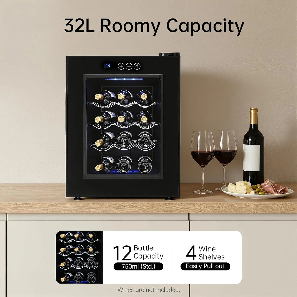 12 butelek 32 litrów lodówka na wino z oświetleniem wewnętrznym LED, chłodziarka do wina, czerwone wino, termoelektryczne chłodzenie, ochrona przed promieniowaniem UV, regulowana temperatura