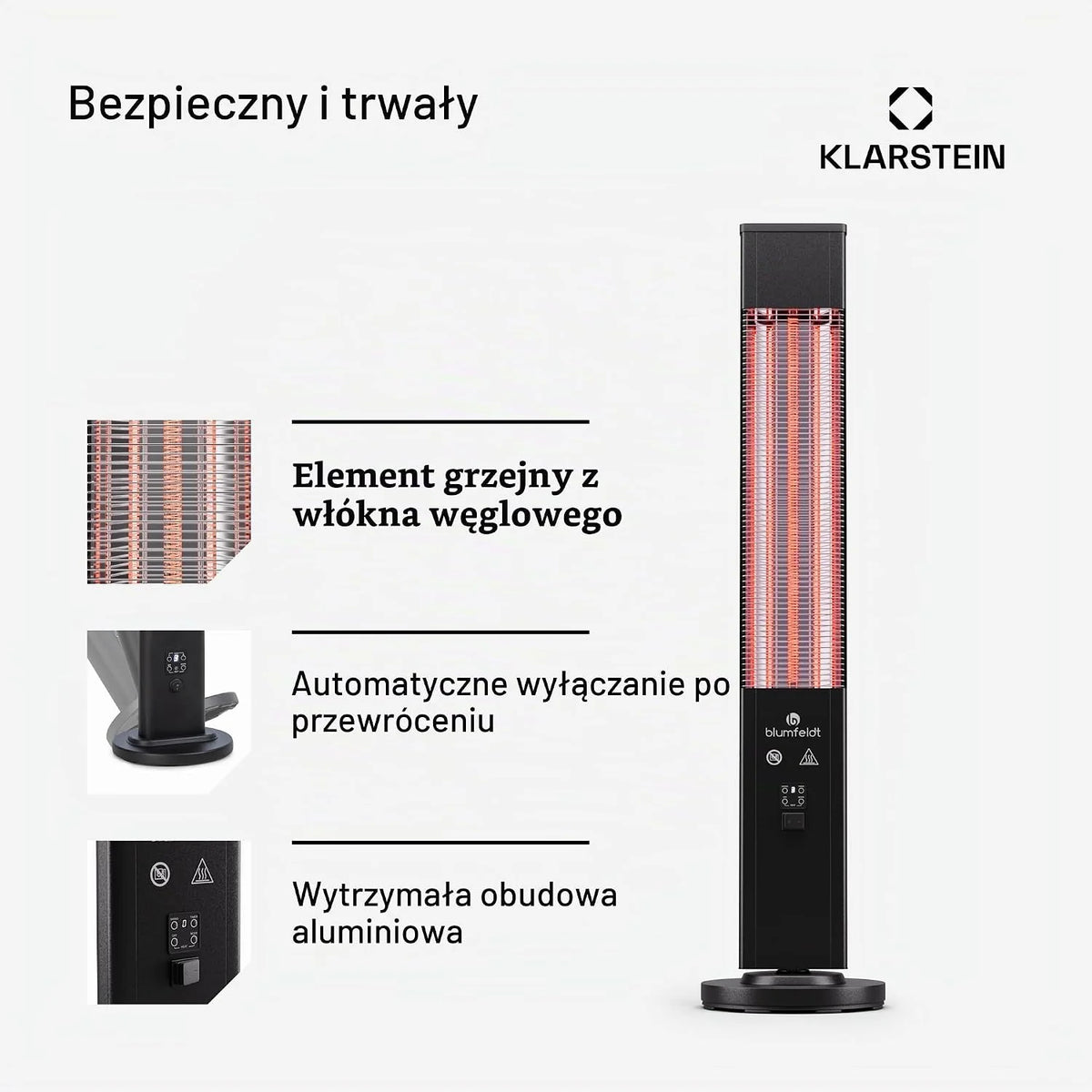 blumfeldt Ogrzewanie na podczerwień wolnostojące, 3000W grzejnik elektryczny, Ogrzewanie Indoor/Outdoor, IR z zabezpieczeniem przed przewróceniem i pilotem, Wydajne IP65, tarasowe