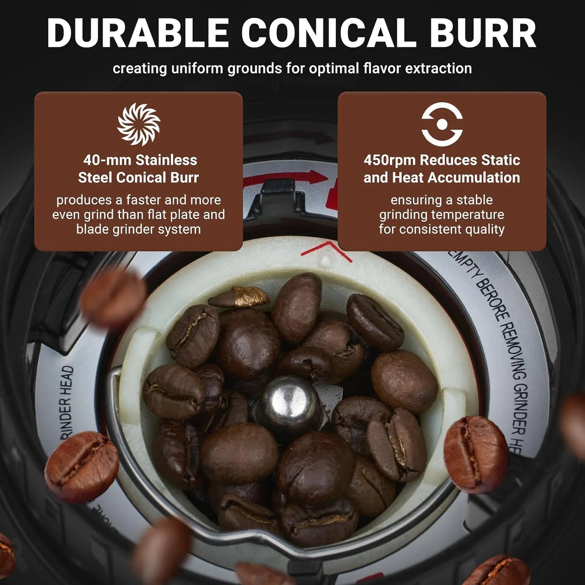 AMZCHEF Elektryczny młynek do kawy ze zdejmowanym uchwytem na sitko i pojemnik, młynek do kawy, z 24 stopniami mielenia, regulowany do espresso/Drip/Pour Over/Cold Brew/French Press