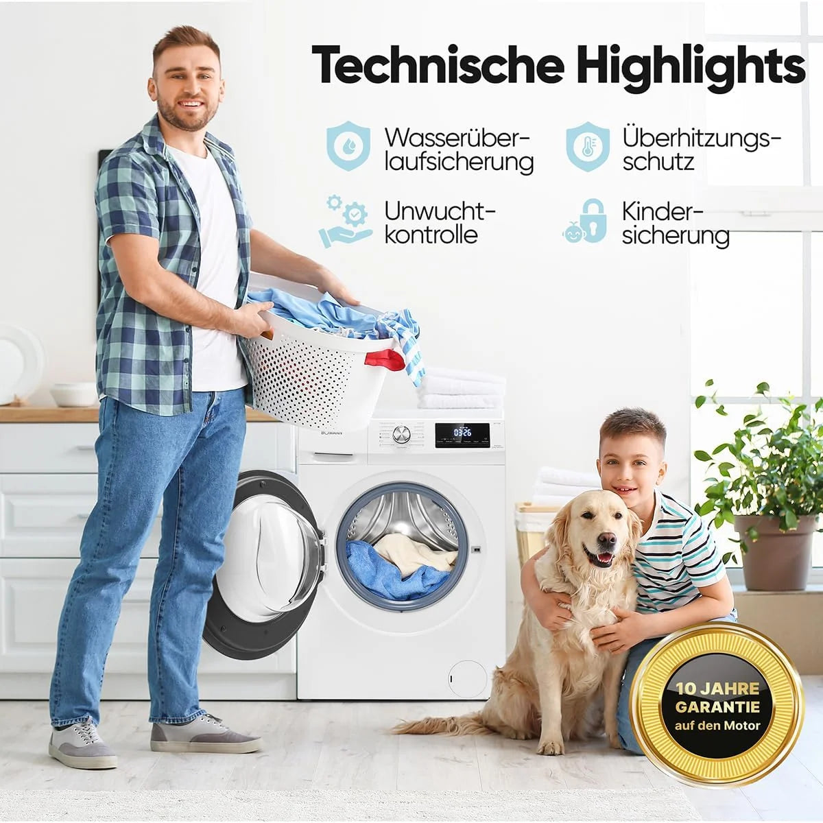 Bomann® Pralko-suszarka | pranie i suszenie w jednym cyklu | pranie 8 kg, suszenie 5 kg | silnik inwertorowy | 1400 obr./min | funkcja pary | zintegrowana pralka z suszarką | WAT 7186 biała