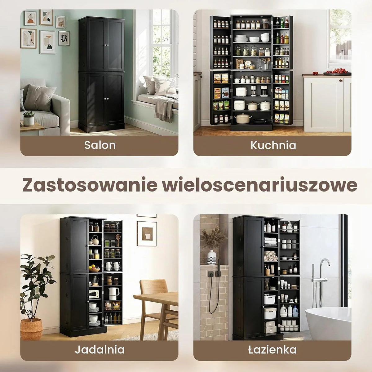 COSTWAY Szafka kuchenna wysoka, szafka na zapasy 170 cm (czarna)