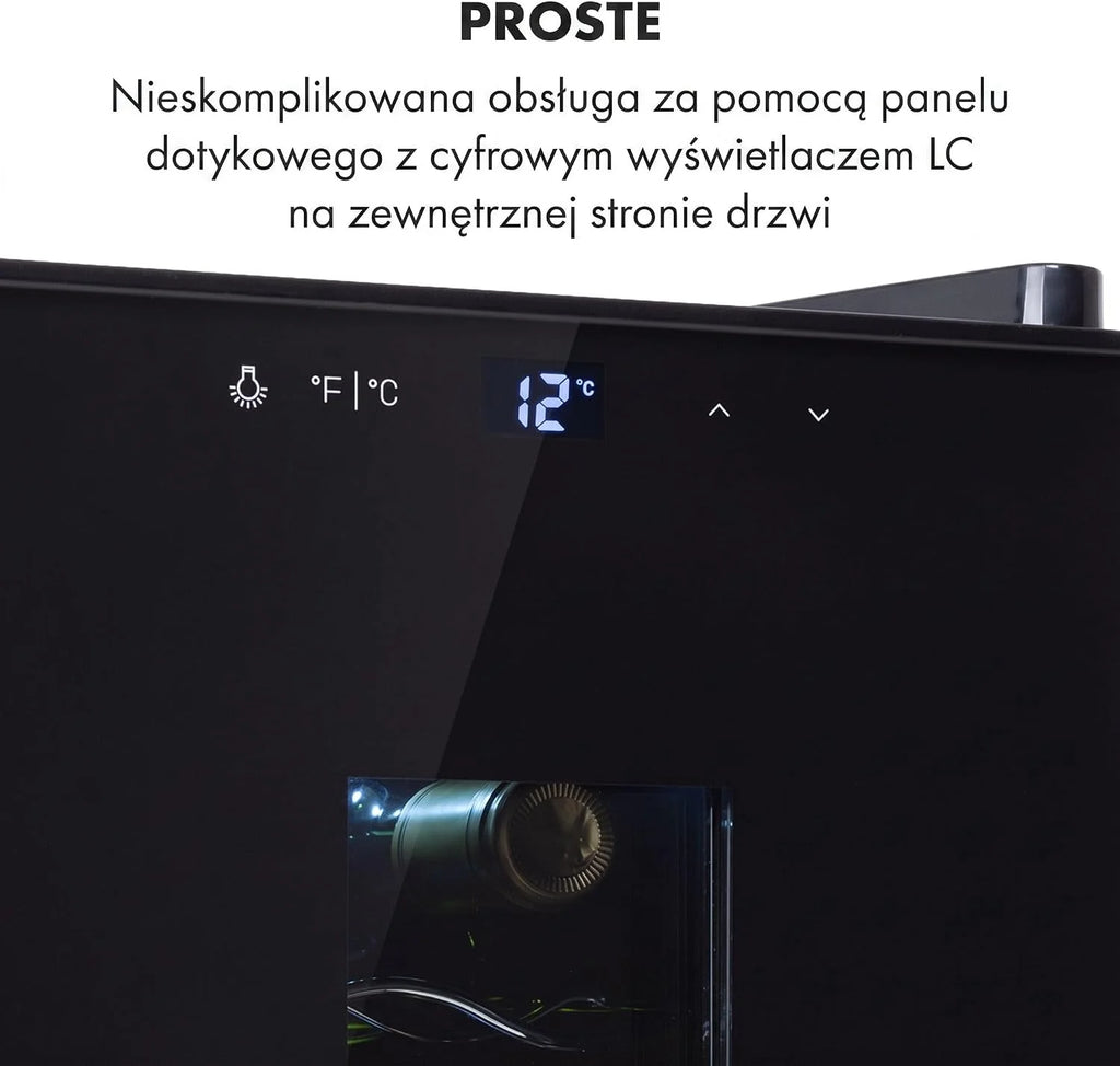 Klarstein Chłodziarka do wina, Wąska lodówka na napoje, 1 strefa, lodówka ze szklanymi drzwiami, Wolnostojące chłodziarki, Mała chłodziarka do wina, Ochrona UV, 11-18°C, 8 butelek