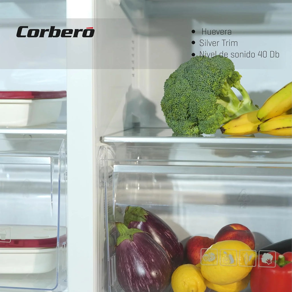 Corberó - Amerykańska lodówka | CFSBSH634NFW | 442L | 186 cm | No Frost | Inwerter | Wyświetlacz | Światło LED | 2 szuflady | Funkcja ECO | Półki szklane | Srebrny wykończenia | biały