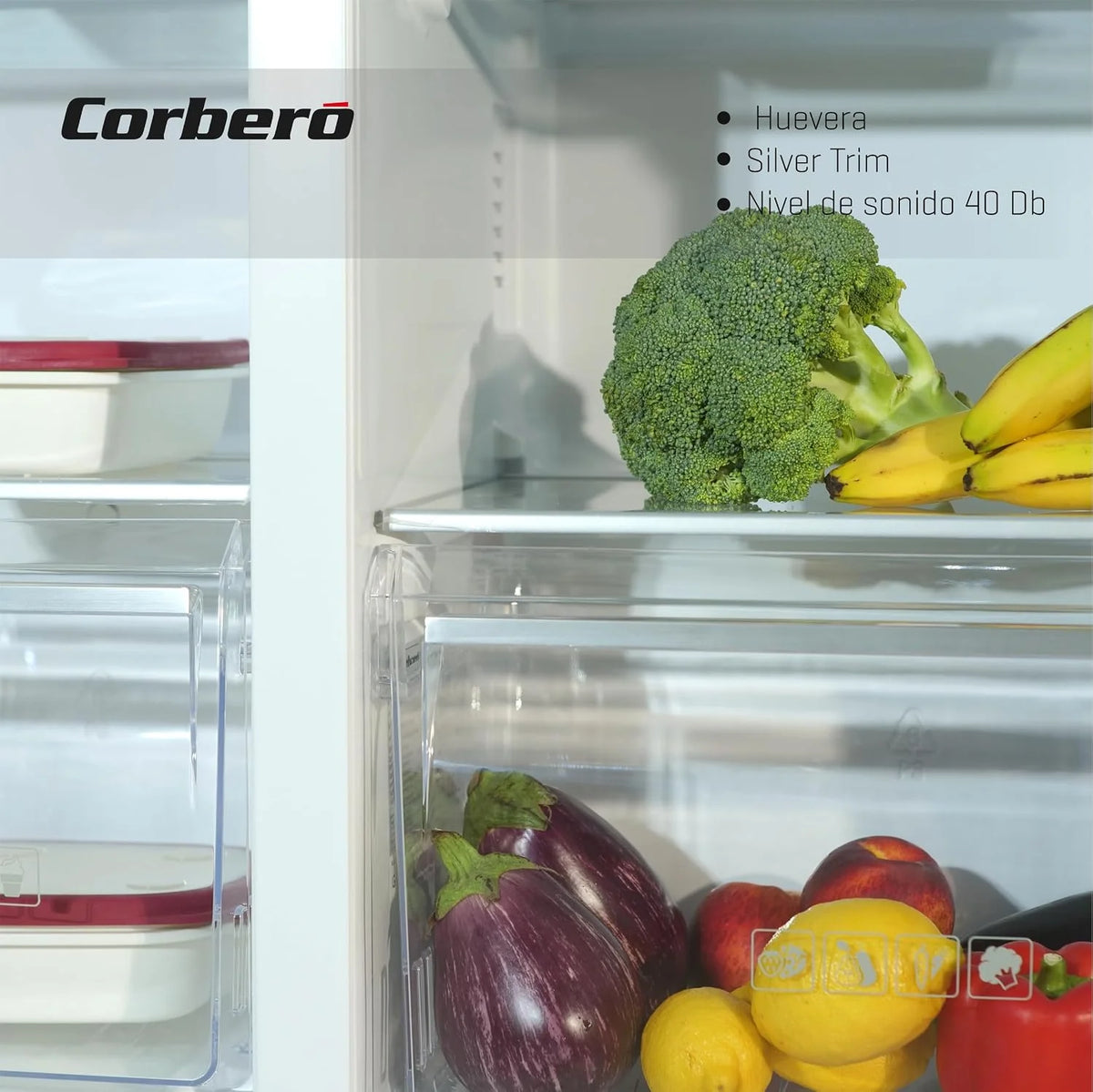 Corberó - Amerykańska lodówka | CFSBSH634NFW | 442L | 186 cm | No Frost | Inwerter | Wyświetlacz | Światło LED | 2 szuflady | Funkcja ECO | Półki szklane | Srebrny wykończenia | biały