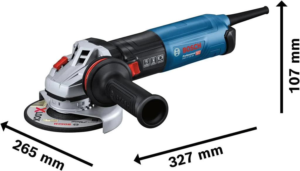 Bosch Professional: szlifierka kątowa GWS 17-125 S (1 700 W, prędkość obrotowa bez obciążenia 2.800 – 11.500 min-1, średnica tarcz 125 mm, kołnierz mocujący, rękojeść dodatkowa)