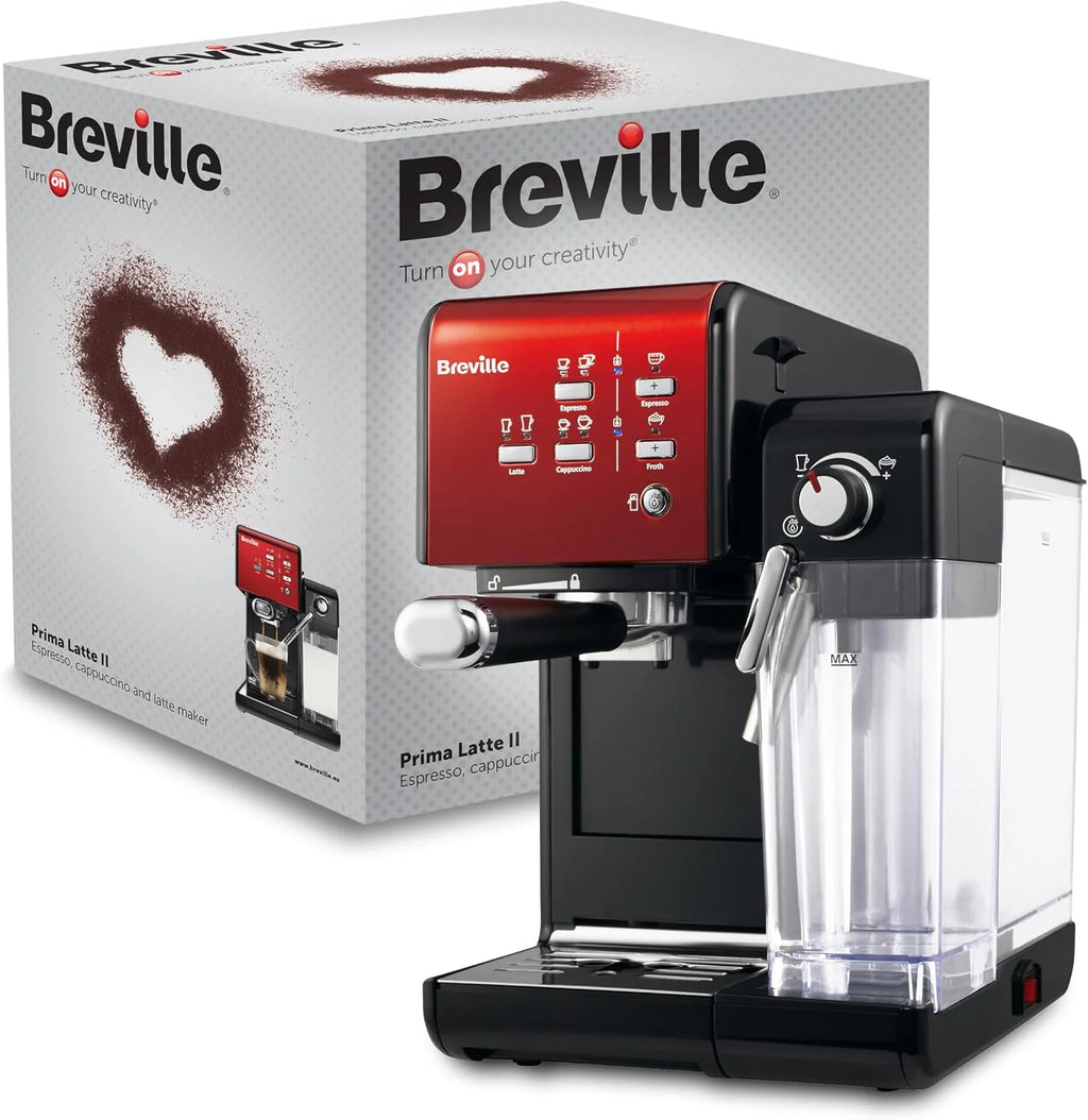 Breville Ekspres do kawy Kolbowy PrimaLatte II VCF109X, 19 Bar, Zintegrowany automatyczny spieniacz do mleka, wyjmowany pojemnik na mleko, Czerwony