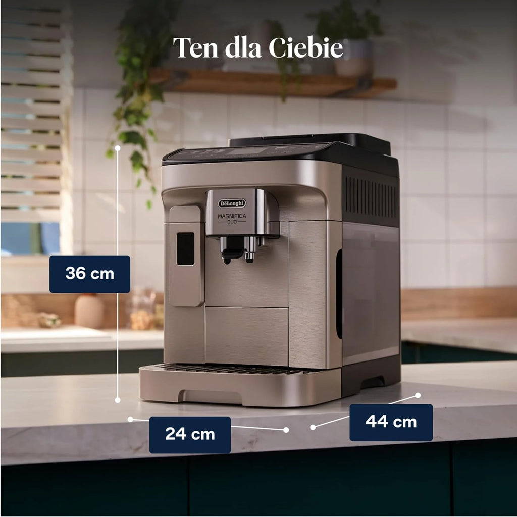 De’Longhi Magnifica Duo – Perfetto Automatyczny Ekspres do Kawy z Automatycznym Spienianiem Mleka LatteCrema, 20 Goracych i Zimnych Napojów, Kolorowy Wyswietlacz, Srebrny (ECAM332.80.SXB)
