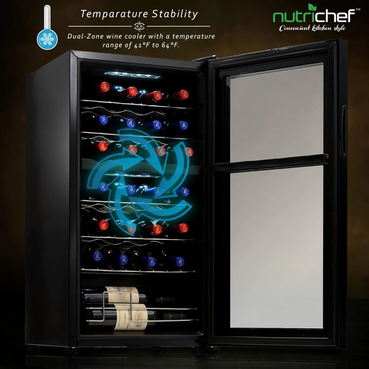 NutriChef Komórka do lodówki do wina - Dwustrefowy Chiller z 28 pojemnikami na butelki | Pojemność wewnętrzna 74,4 litra | Cyfrowa kontrola przycisku dotykowego | Bezpłatne umieszczanie butelki na