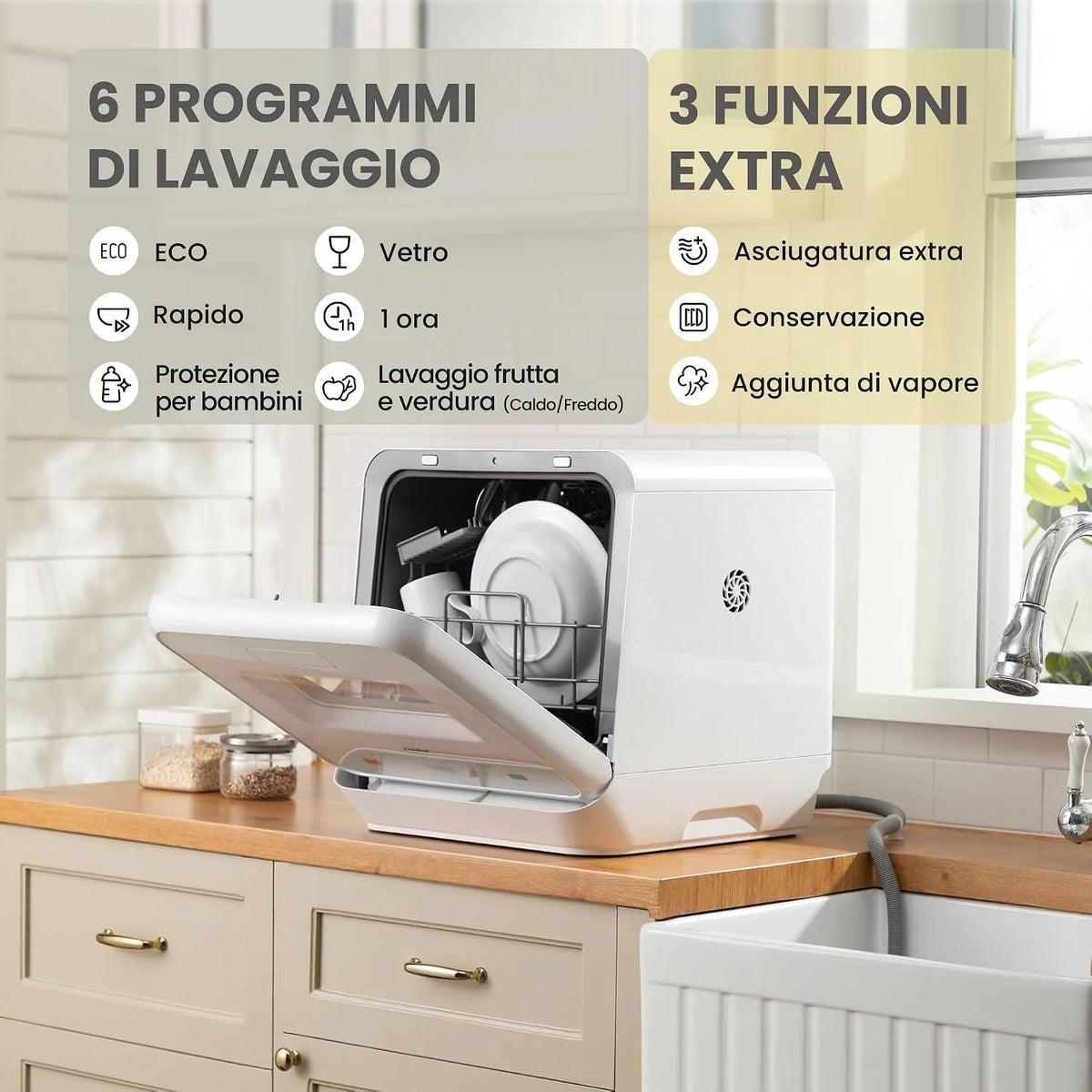 COMFEE ' Zmywarka na blacie, mini zmywarka stołowa z 6 programami, mycie parą, pielęgnacja niemowląt i mycie owoców, bez hydrauliki, opóźniony start, 72 godziny przechowywania, biały