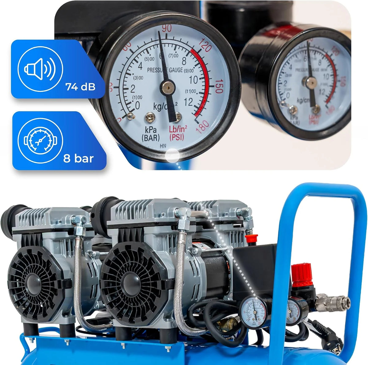Kompresor 50L sprężarka powietrza 8 bar, 1500W / 3000W, bezolejowy lub olejowy, 250–380 l/min, 1/4", 2 wyjścia, manometr, reduktor ciśnienia, do warsztatu, garażu i opon (4T-50L)