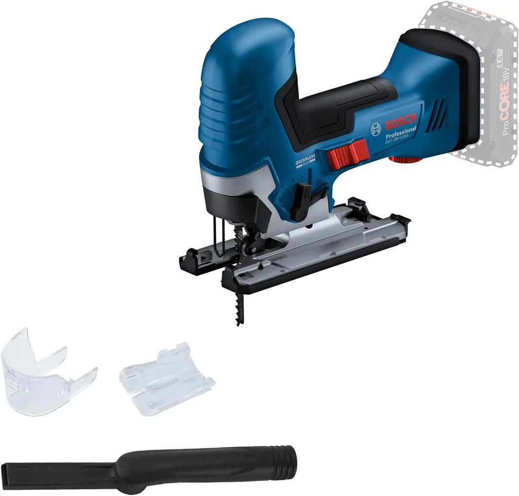 Bosch Professional Bezprzewodowa wyrzynarka systemu 18 V GST 18V-125 S (idealna do cięcia zakrzywionego i poprzecznego, uchwyt ostrza SDS, w zestawie 1 x ostrze wyrzynarki, zestaw do odsysania pyłu)