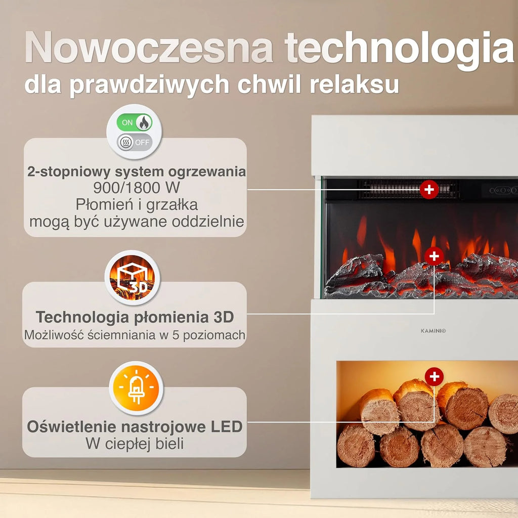 KAMINIO Kominek elektryczny HENRI - Elektryczny piec kominkowy z ogrzewaniem, efektem 3D płomieni, schowkiem na drewno (Biały)