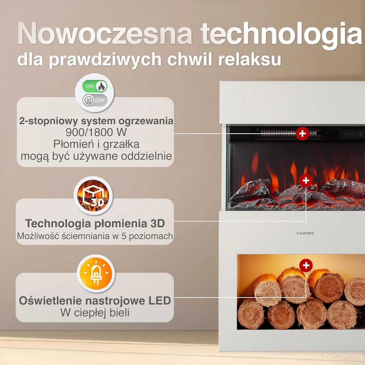 KAMINIO Kominek elektryczny HENRI - Elektryczny piec kominkowy z ogrzewaniem, efektem 3D płomieni, schowkiem na drewno (Biały)