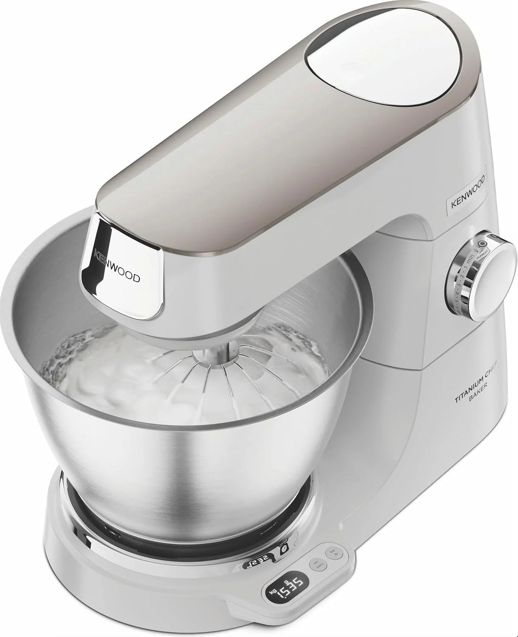 Kenwood Titanium Chef Baker KVC65.001WH, Zagniatarka planetarna z wbudowaną wagą, Trzepaczka K, Hak do wyrabiania, Trzepaczka, Miska 5 l, moc 1200 W, Biały