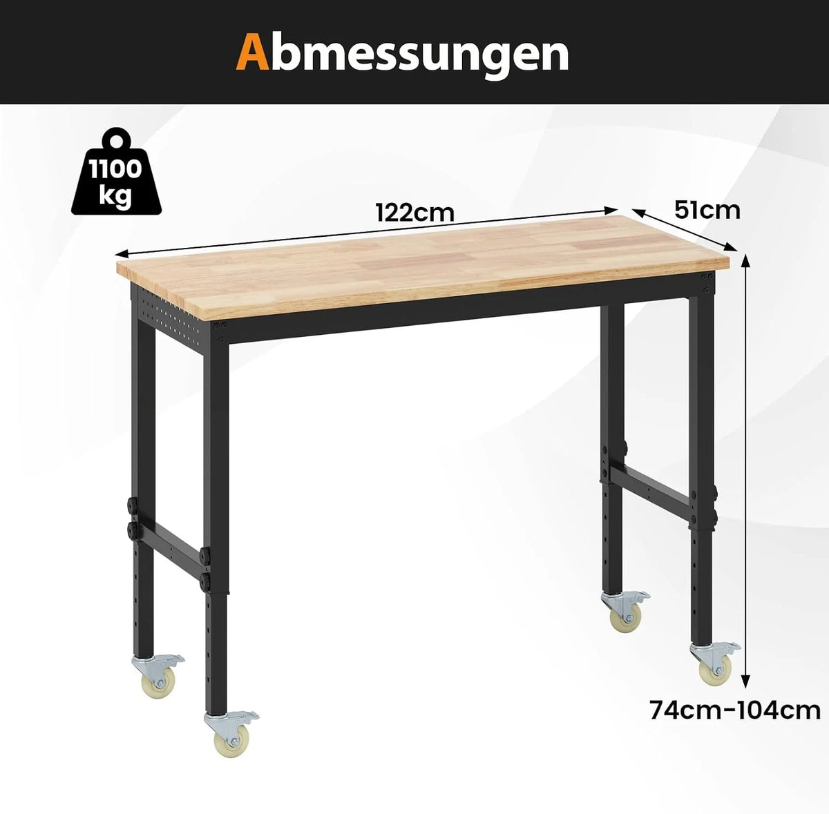 COSTWAY Regulowany stół warsztatowy na kółkach, stół roboczy z drewna gumowego z 2 płytkami perforowanymi i metalową ramą, udźwig 1100 kg, stół warsztatowy, stół narzędziowy o powierzchni roboczej 122