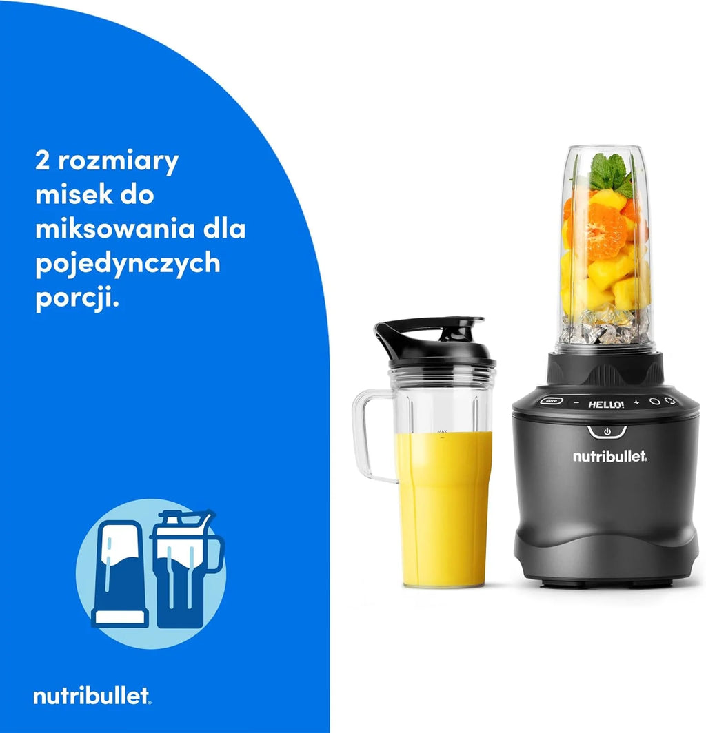 Nutribullet SmartSense Blender Combo NBF550DG z 5 zmiennymi prędkościami, funkcją pulsu, kubek 946 ml i 710 ml z uchwytem, inteligentny cykl automatyczny, pokrywa To-Go, 1500 W, czarny