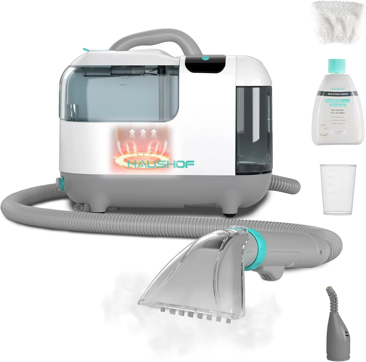 HAUSHOF StainZapper Vapo przenośna myjka parowa 1200 W, podkładka lawowa 1,8 l z ogrzewaniem do siedzeń samochodowych, dywanów i dywanów, myjka parowa do kuchni i łazienek z 750 ml środkiem