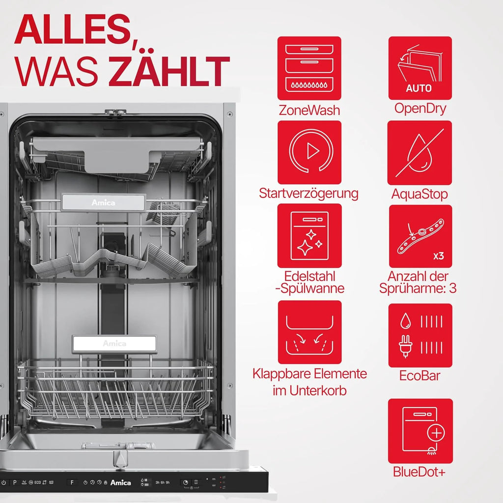 Amica EGSPV 584 900 zmywarka do naczyń do zabudowy / 10 MG / 3 kosze/5 progr/Auto/OpenDry/BlueDot/AQS /42dB/ klasa efektywności energetycznej B