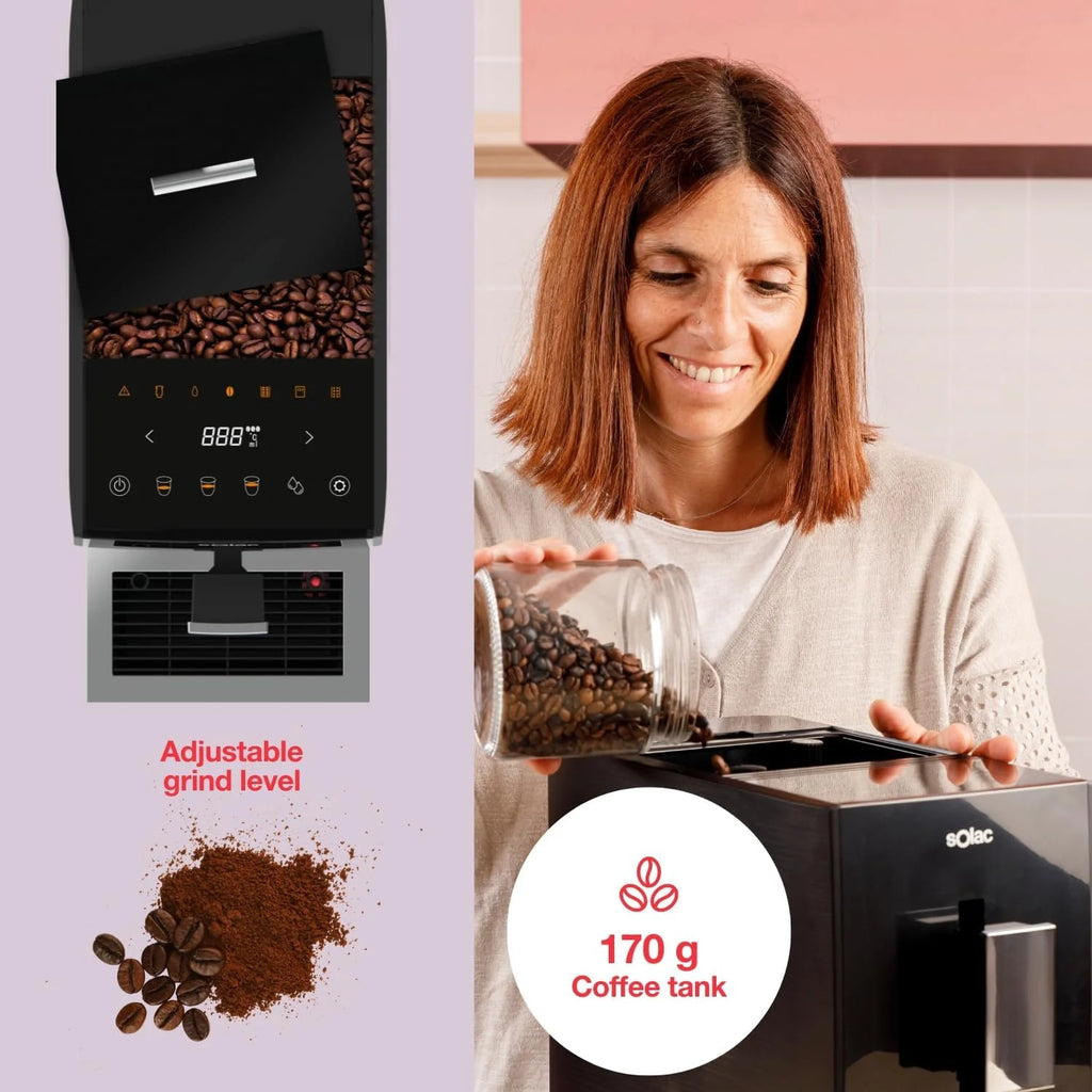 Solac - Super automatyczny ekspres do kawy 1350 W | 19 barów | Espresso i Latte | 4 Predefiniowane menu | Wyświetlacz cyfrowy | Automatyczne czyszczenie | Kawa z wbudowanym młynkiem | Ogrzewanie
