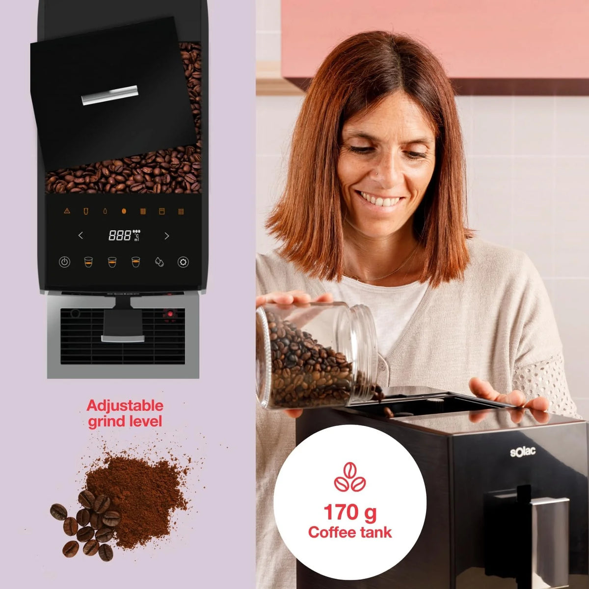 Solac - Super automatyczny ekspres do kawy 1350 W | 19 barów | Espresso i Latte | 4 Predefiniowane menu | Wyświetlacz cyfrowy | Automatyczne czyszczenie | Kawa z wbudowanym młynkiem | Ogrzewanie