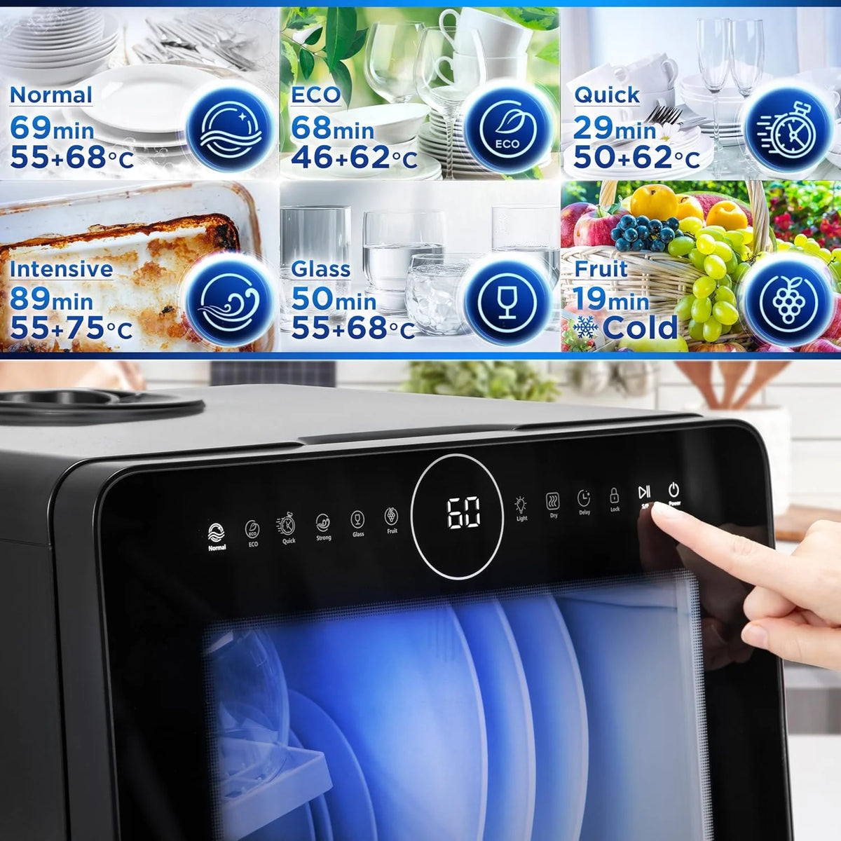 Duronic DW5 BK Zmywarka nablatowa z lub bez przyłącza wody 950W przenośna kompaktowa 5l /cykl do naczyń szkła owoców mała zmywarka stołowa czarna