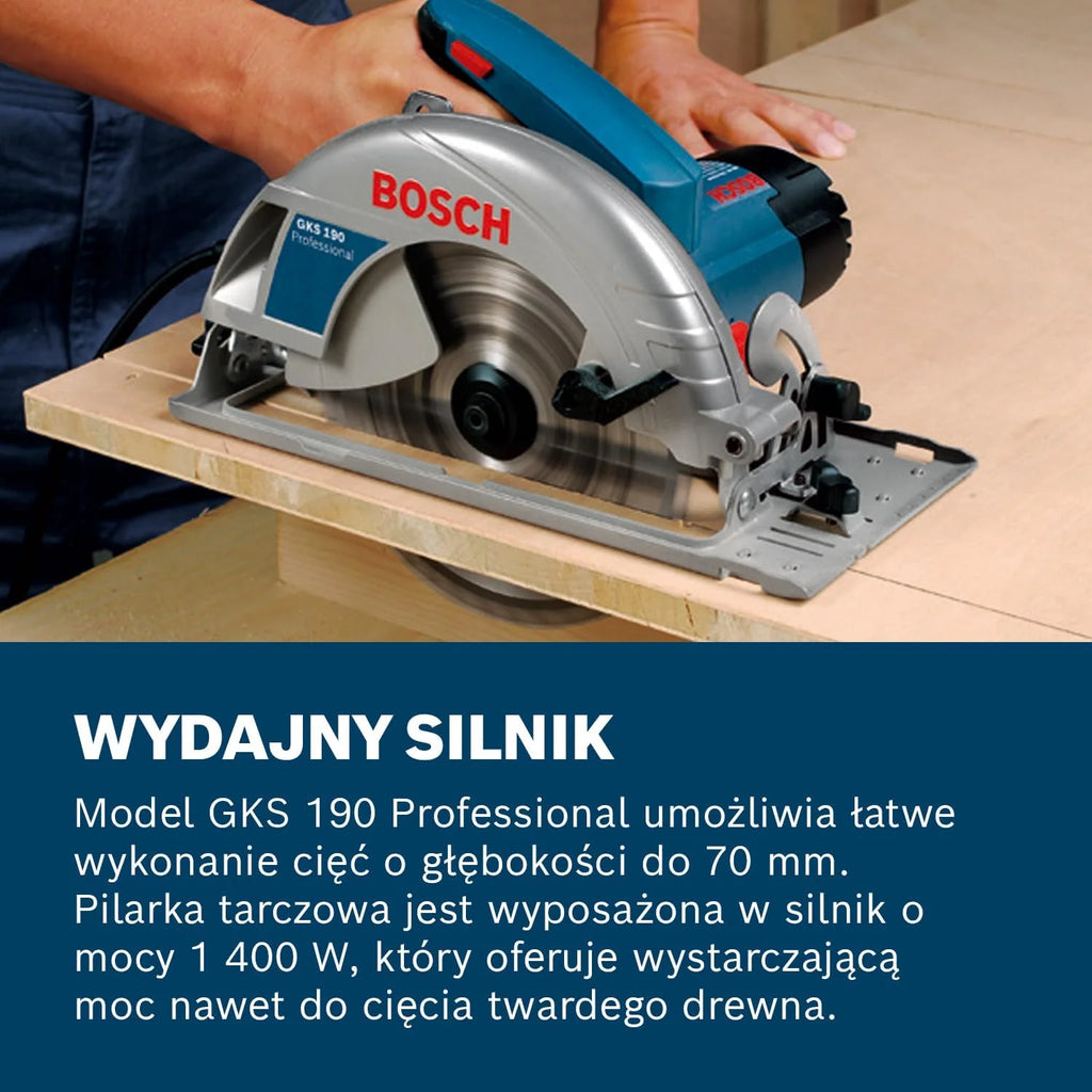 Bosch Professional: pilarka tarczowa GKS 190 (1400 W, średnica tarczy pilarskiej 190 mm, prędkość obrotowa bez obciążenia 5.500 min-1)