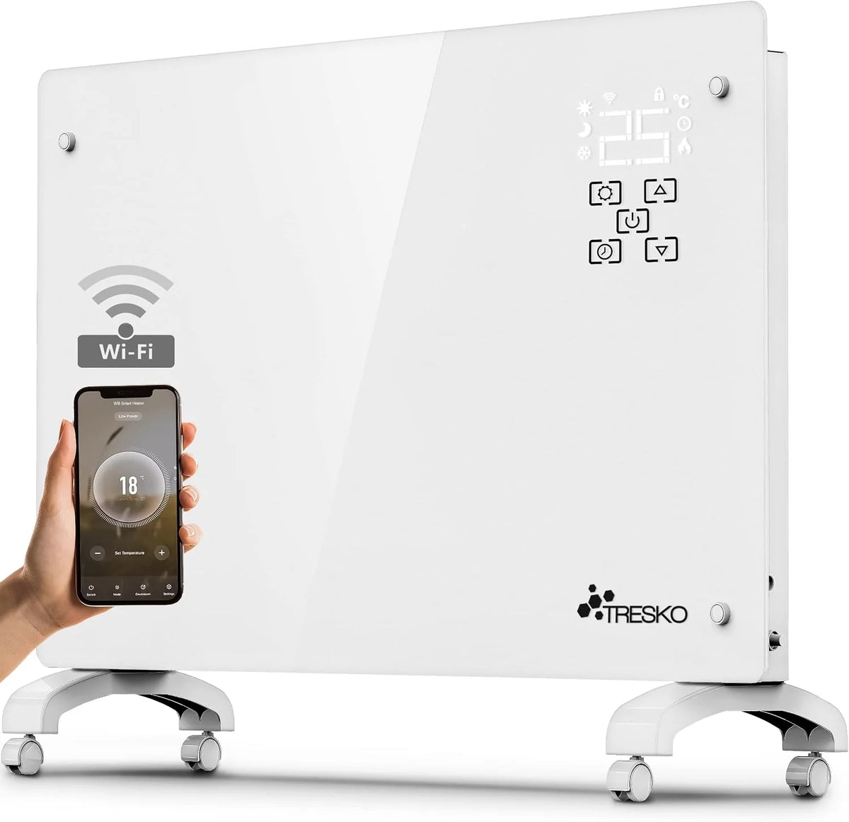 TRESKO® Szklany konwektor 2000 W, aplikacja WiFi, ogrzewanie elektryczne, ogrzewanie szklane, grzejnik konwektorowy, grzejnik LED i timer, grzejnik elektryczny, ogrzewanie stojące lub ścienne