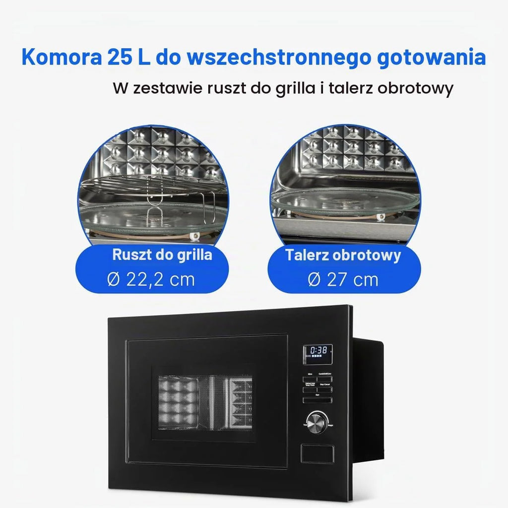 Kuchenka mikrofalowa do zabudowy Bomann® 3w1, Grill + Gorące powietrze, przestrzeń do gotowania 25 l, 8 programów automatycznych, Grill + talerz obrotowy (średnica 27 cm), 900 W