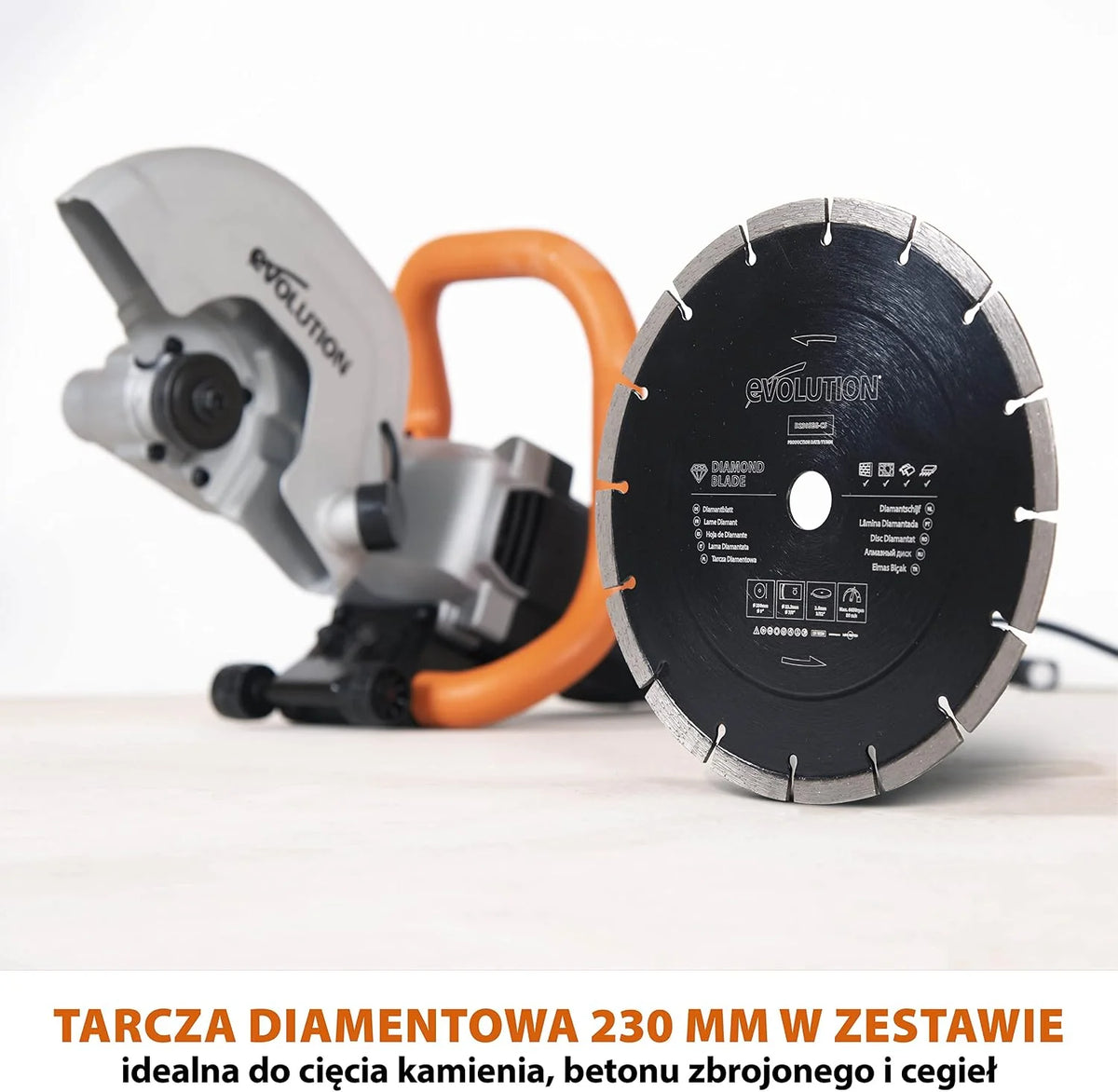 Evolution Power Tools Elektryczna przecinarka tarczowa i pilarka do betonu R230DCT z tarczą diamentową 230 mm (9”) do cięcia kamienia i metalu