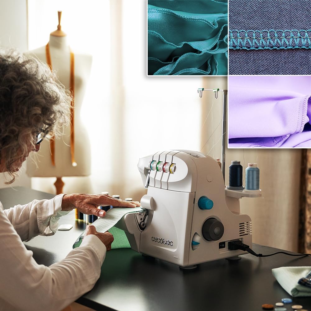 Cecotec Maszyna do szycia, BelleCouture OverLock, prędkość 1100 obr/min, regulowane ciśnienie wykrawania, postęp różnicowy, funkcje ściegu 4-nitkowego i zestaw akcesoriów