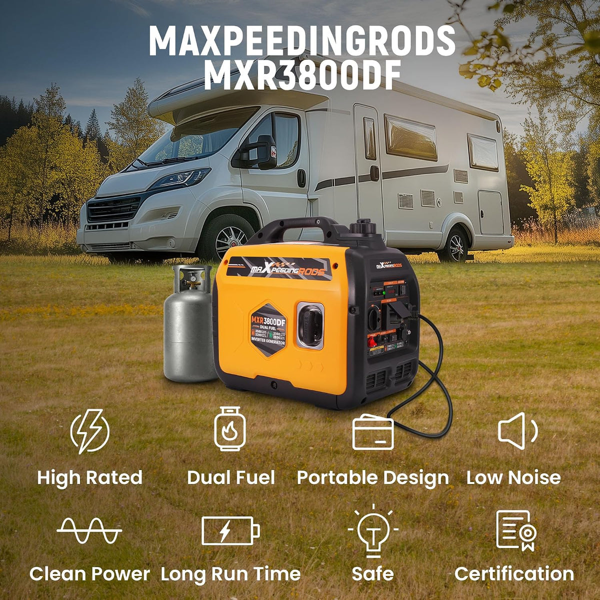 maXpeedingrods 3500 W LPG/benzynowy, inwertorowy generator prądu, generator prądu Dual Fuel, awaryjny agregat prądotwórczy z gniazdem 230 V/16 A; 2 x porty USB na kemping, podróż, do aktywności na