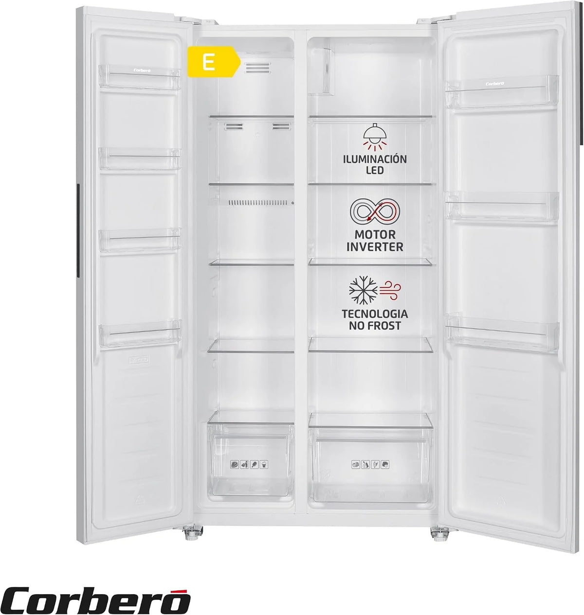 Corberó - Amerykańska lodówka | CFSBSH634NFW | 442L | 186 cm | No Frost | Inwerter | Wyświetlacz | Światło LED | 2 szuflady | Funkcja ECO | Półki szklane | Srebrny wykończenia | biały